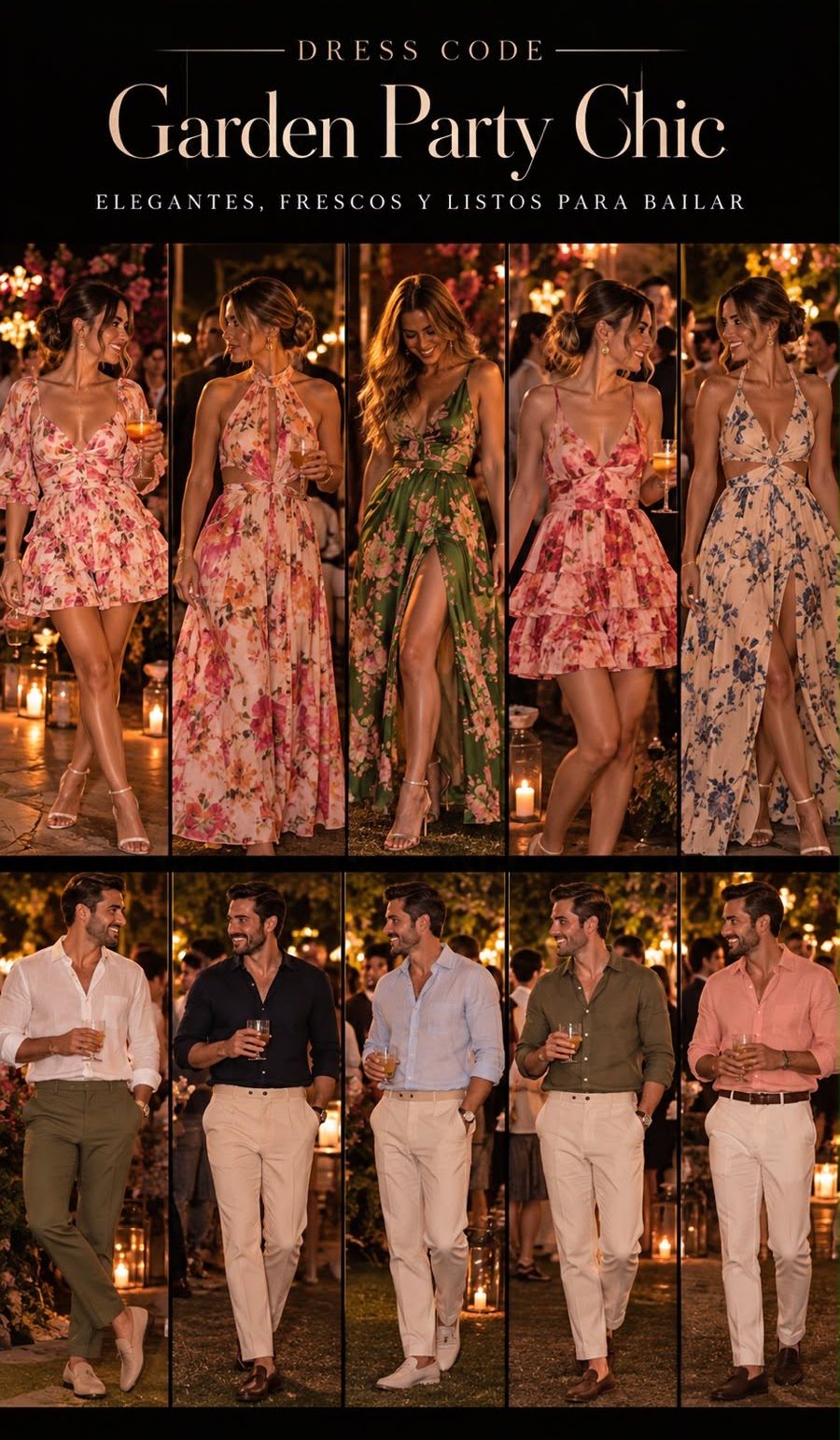Dress code Garden Party Chic: elegantes, frescos y listos para bailar. Ellas con vestidos florales; ellos con camisa de lino y pantalón claro.