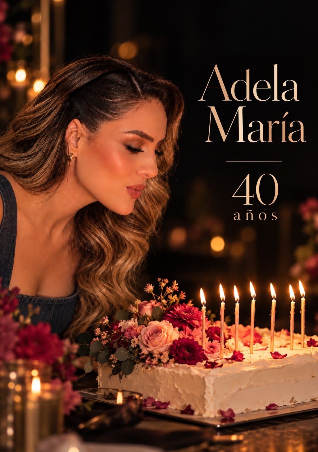 Adela María, 40 años, soplando las velas de su torta